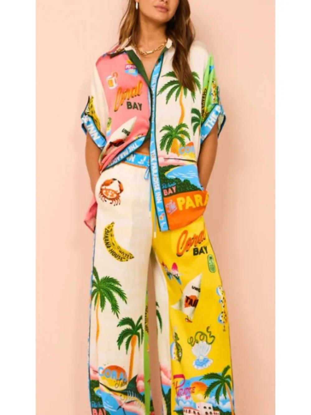 Tropical Resort 2-Piece Matching Set | Colorful Vacation Print | Wide Leg Pants